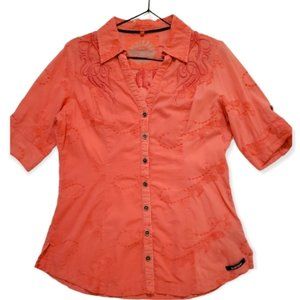 BLACKARV coral pink embroidered short sleeve button front shirt